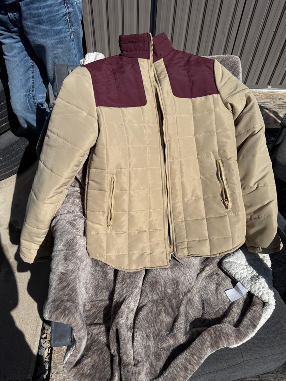 Nomad Quilted Khaki Jacket with Burgundy Yoke